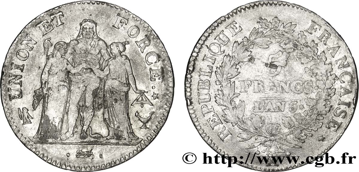 5 francs Union et Force, Union desserré, avec glands intérieurs et gland extérieur 1797 Bordeaux F.291/13 S35 