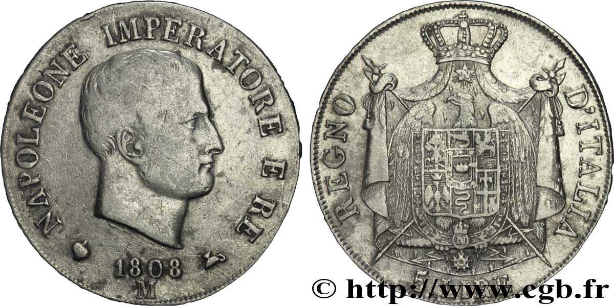 5 lire Napoléon Empereur et Roi d’Italie, 1er type, tranche en relief 1808 Milan M.218  BB40 