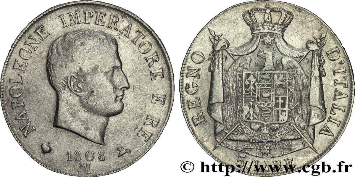 5 lire Napoléon Empereur et Roi d’Italie, 1er type, tranche en relief 1808 Milan M.218  SS42 