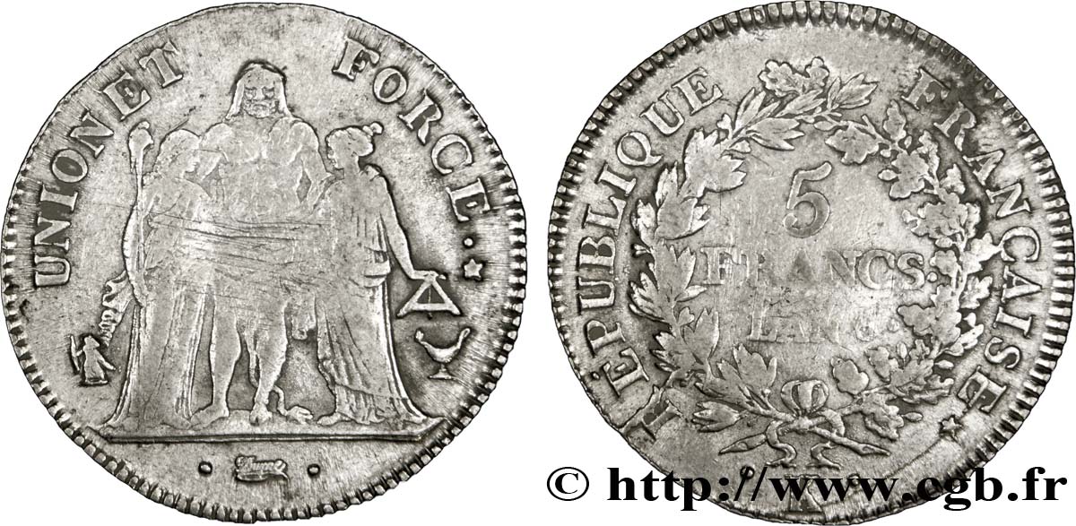 5 francs Union et Force, Union serré, avec glands intérieurs et gland extérieur 1798 Bordeaux F.288/59 S25 