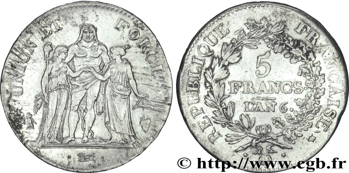 5 francs Union et Force, Union serré, avec un gland intérieur du haut et gland extérieur 1798 Perpignan F.288/80 TTB45 