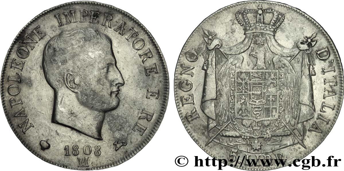 5 lire Napoléon Empereur et Roi d’Italie, 1er type, tranche en relief 1808 Milan M.218  MBC42 