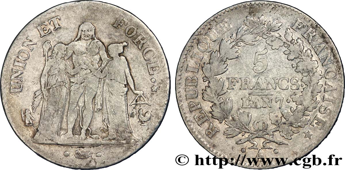 5 francs Union et Force, Union serré, avec glands intérieurs et gland extérieur 1799 Paris F.288/95 TB20 