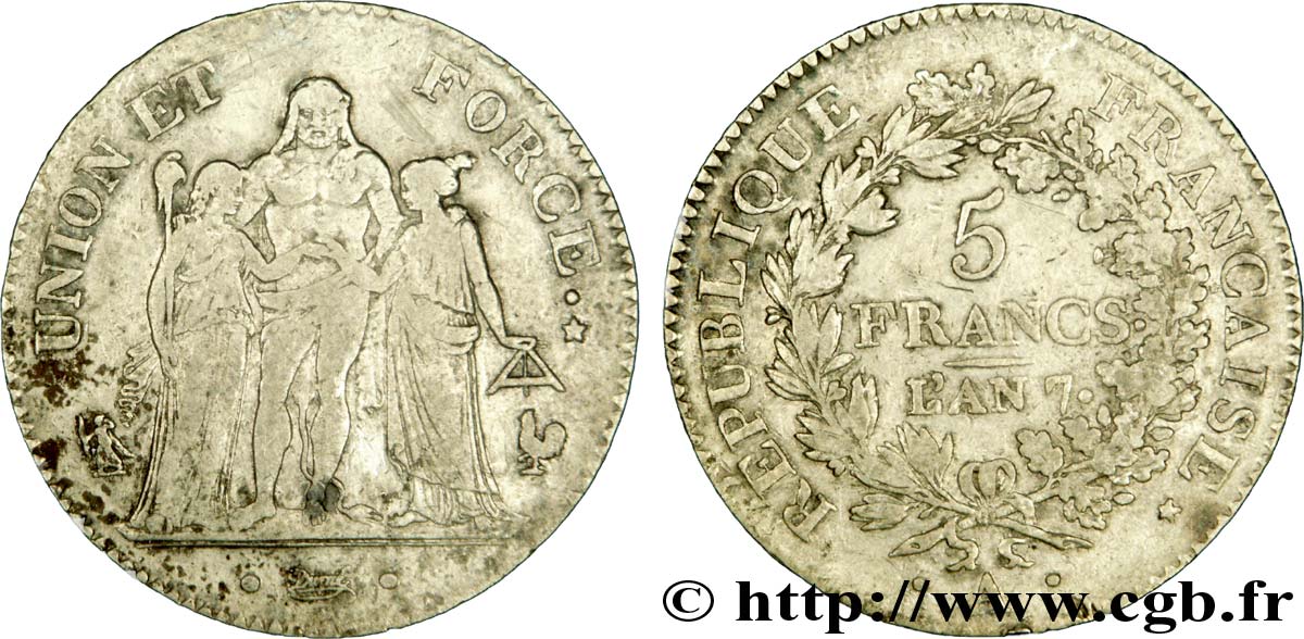 5 francs Union et Force, Union serré, avec glands intérieurs et gland extérieur 1799 Paris F.288/95 TTB42 