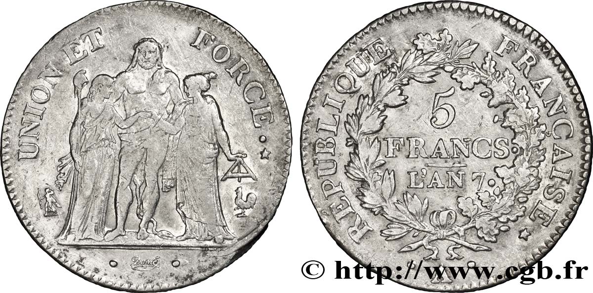 5 francs Union et Force, Union serré, avec glands intérieurs et gland extérieur 1799 Paris F.288/95 TTB45 