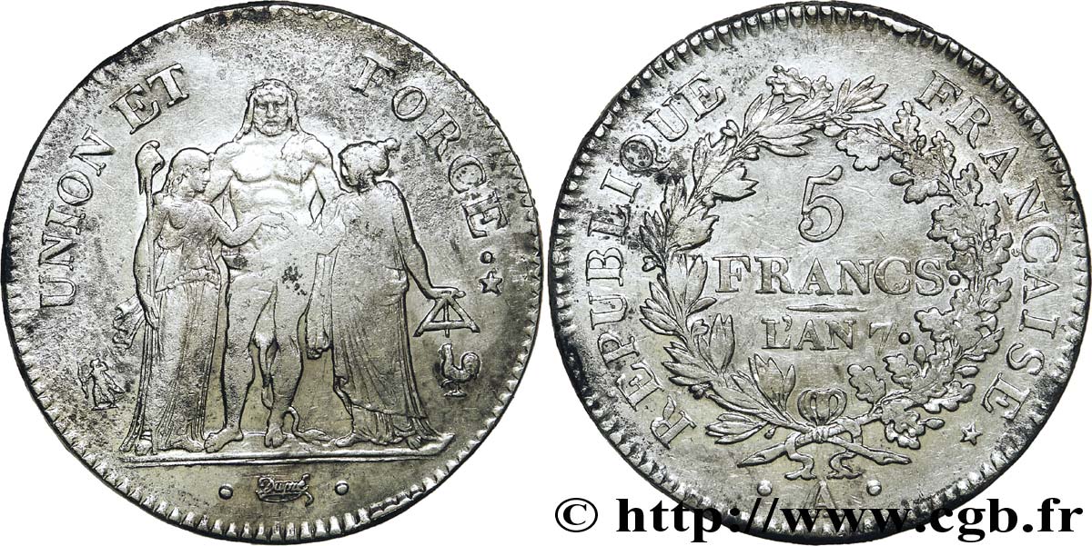 5 francs Union et Force, Union serré, gland intérieur haut, gland extérieur, petite feuille 1799 Paris F.288/100 TTB42 