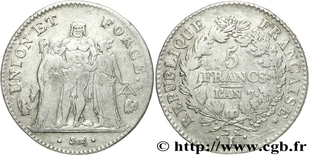 5 francs Union et Force, Union desserré, avec glands intérieurs et gland extérieur 1799 Bayonne F.291/26 BC30 