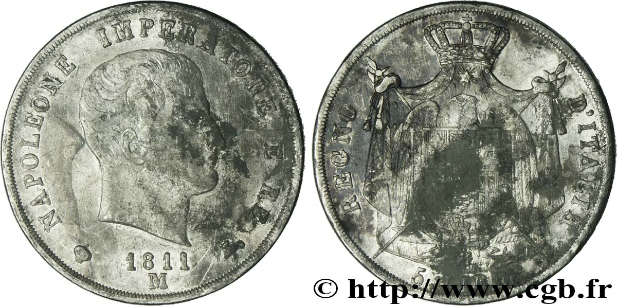 5 lire Napoléon Empereur et Roi d’Italie, 2ème type, tranche en creux 1811 Milan M.224  SS45 