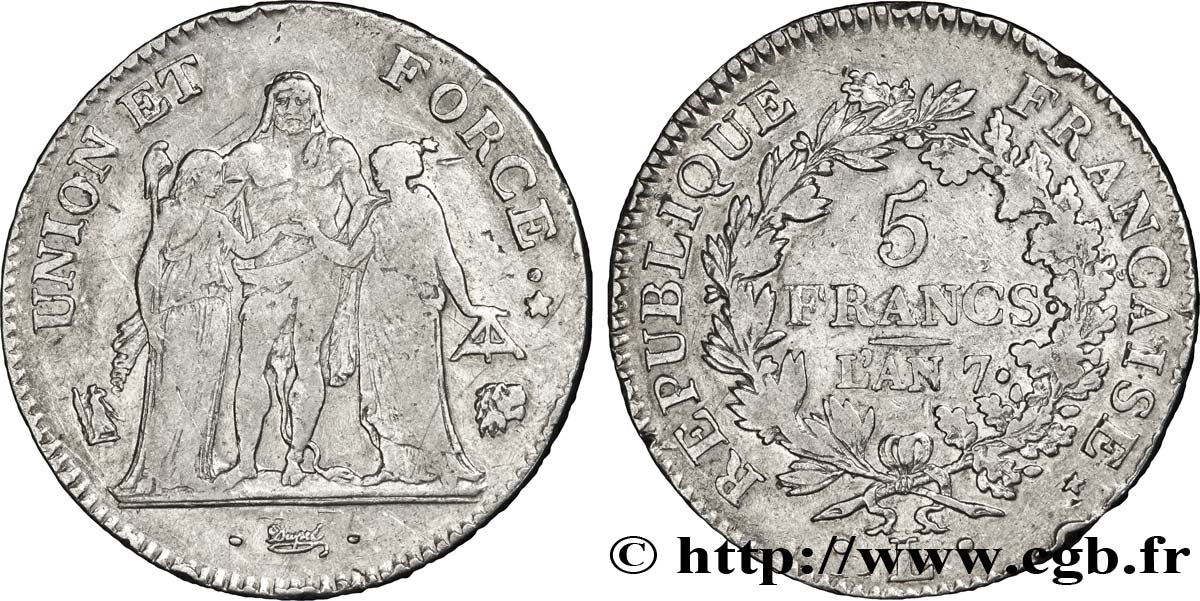 5 francs Union et Force, Union serré, seulement gland extérieur 1799 Bayonne/Paris F.288/116 S38 