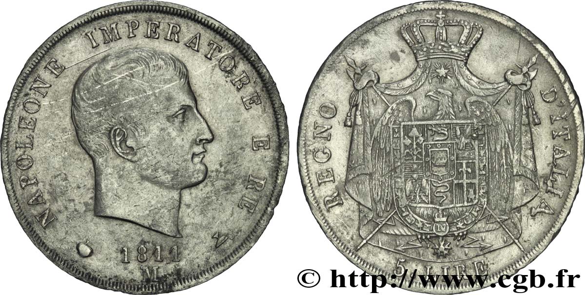 5 lire Napoléon Empereur et Roi d’Italie, 2ème type, tranche en creux 1811 Milan M.224  SS45 