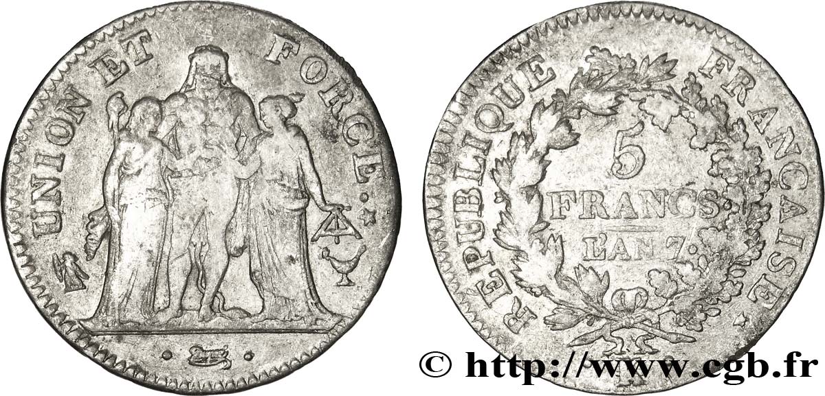 5 francs Union et Force, Union desserré, seulement gland extérieur, petite feuille 1799 Bordeaux F.291/25 VF35 
