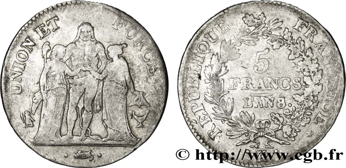 5 francs Union et Force, Union serré, avec gland intérieur du bas et gland extérieur 1800 Bordeaux F.288/137 BC28 