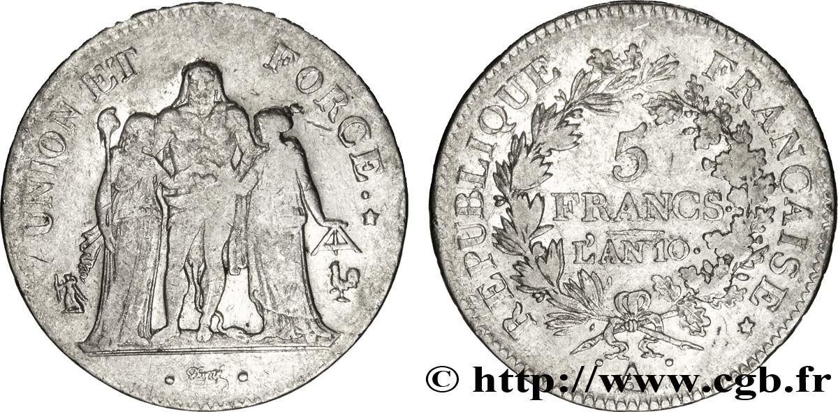 5 francs Union et Force, Union serré, seulement glands intérieurs 1802 Paris F.288/169 VF28 