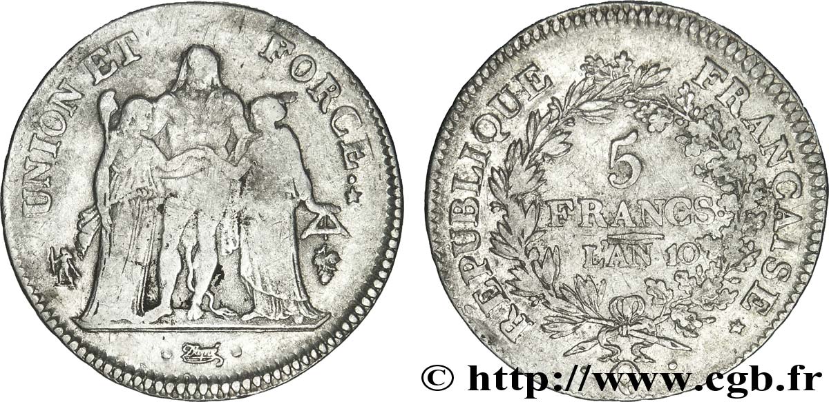 5 francs Union et Force, Union serré, avec glands intérieurs et gland extérieur 1802 Perpignan F.288/184 TB28 