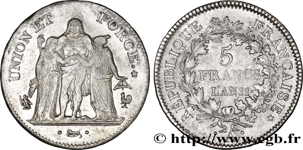 5 francs Union et Force, Union serré, seulement glands intérieurs 1803 Paris F.288/190 MBC45 