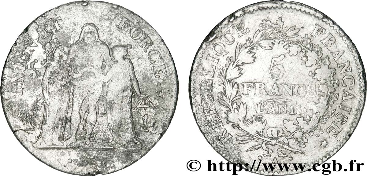 5 francs Union et Force, Union serré, seulement glands intérieurs 1803 Paris F.288/187 MB24 