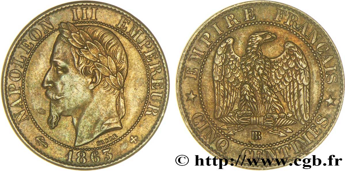 Cinq centimes Napoléon III, tête laurée 1863 Strasbourg F.117/11 AU50 