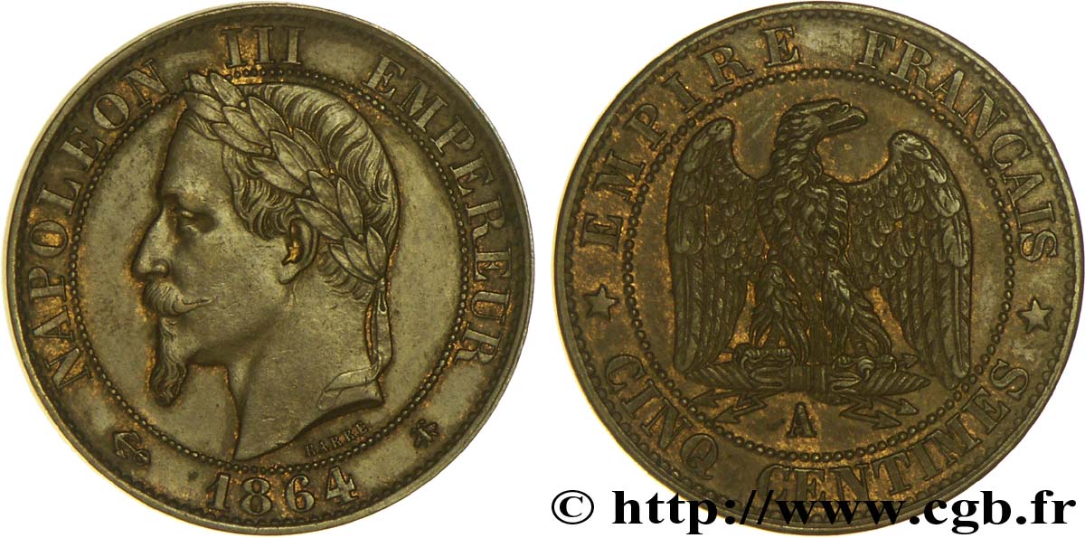 Cinq centimes Napoléon III, tête laurée 1864 Paris F.117/13 VZ55 