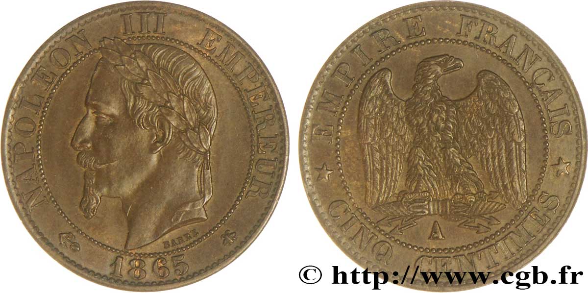 Cinq centimes Napoléon III, tête laurée 1865 Paris F.117/16 SUP60 