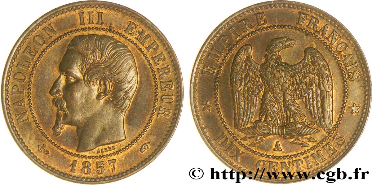 Dix centimes Napoléon III, tête nue 1857 Paris F.133/41 SPL58 