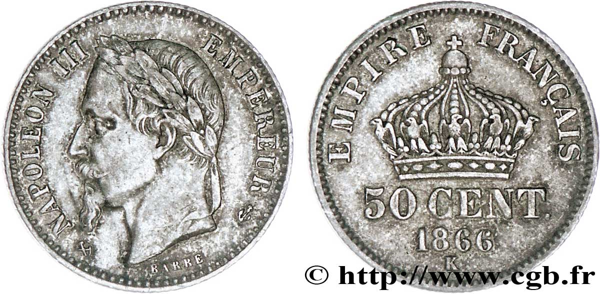 50 centimes Napoléon III, tête laurée 1866 Bordeaux F.188/11 AU50 
