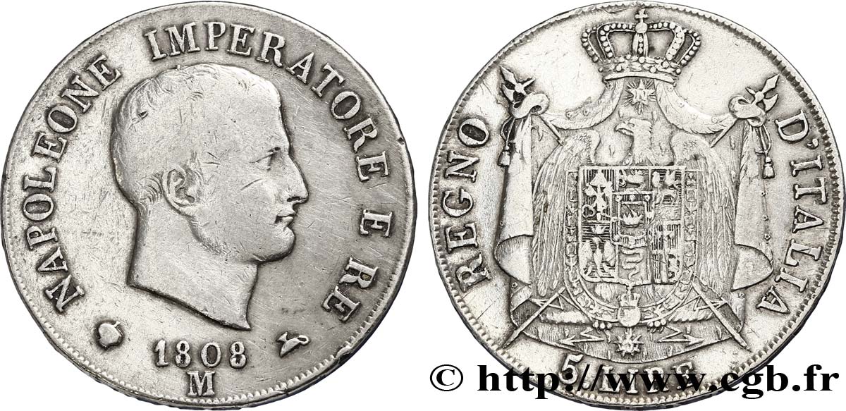 5 lire Napoléon Empereur et Roi d’Italie, 1er type, tranche en relief 1808 Milan M.218  TB25 