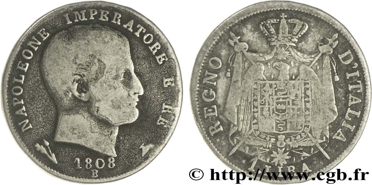 1 lira Napoléon Empereur et Roi d’Italie, étoiles en relief sur la tranche 1808 Bologne M.93  S25 