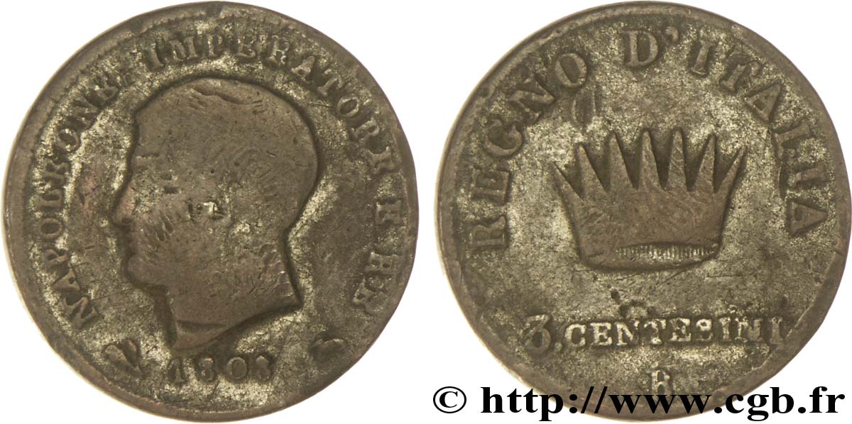 3 centesimi Napoléon Empereur et Roi d’Italie 1808 Bologne M.114  B6 