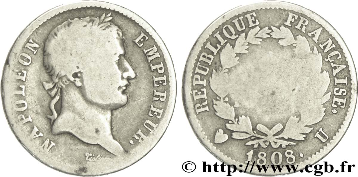 1 franc Napoléon Ier tête laurée, République française 1808 Turin F.204/14 B8 