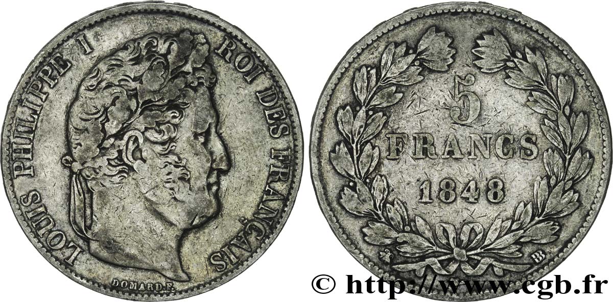 5 francs, IIIe type Domard 1848 Strasbourg F.325/18 VF30 