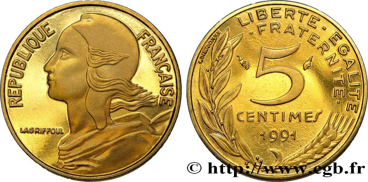 5 centimes Marianne, BE (Belle Épreuve) 1991 Pessac F.125/27 var. FDC67 