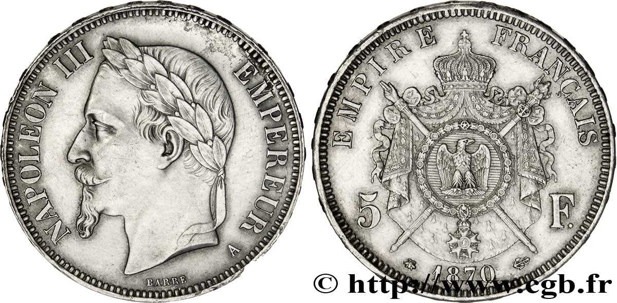 5 francs Napoléon III, tête laurée 1870 Paris F.331/16 SUP58 