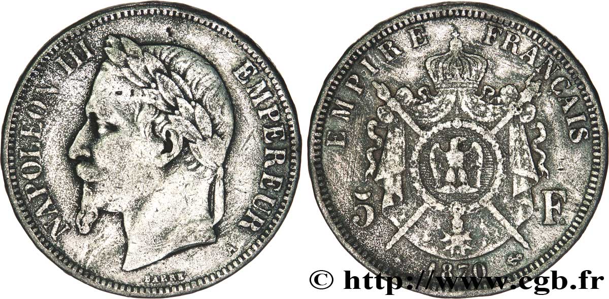 Faux de 5 francs Napoléon III, tête laurée 1870 Paris F.331/16 var. BC15 