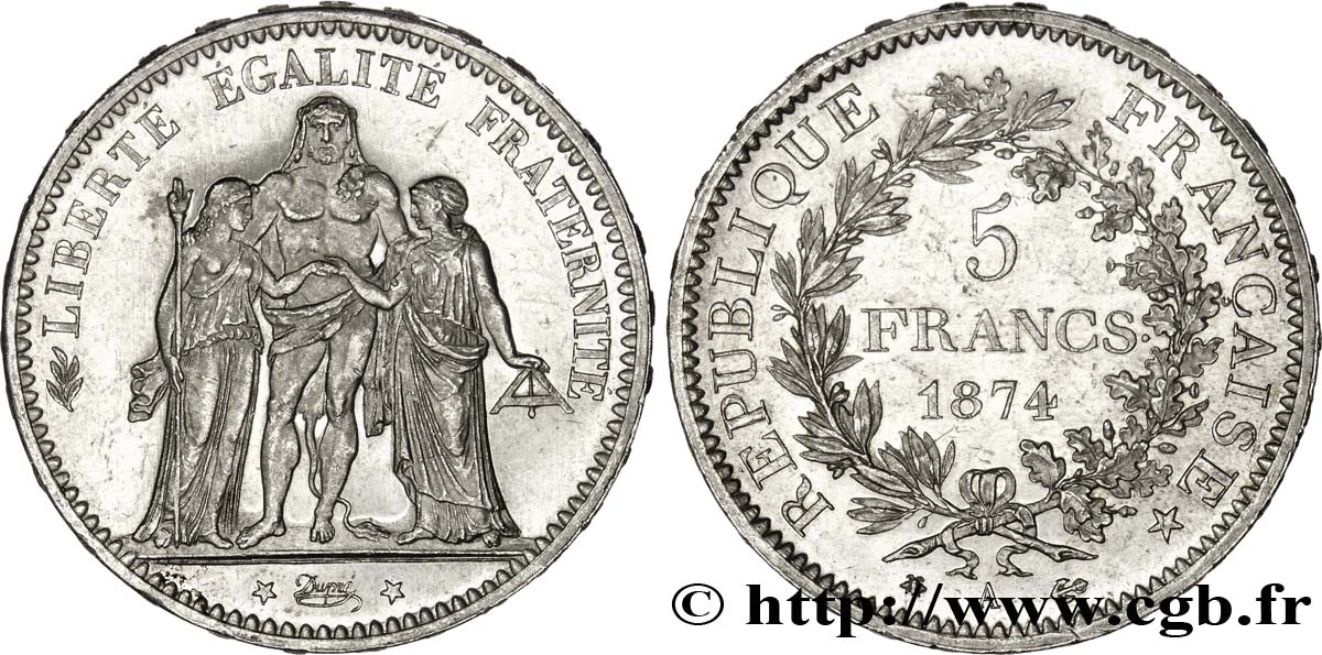 5 francs Hercule 1874 Paris F.334/12 SPL55 