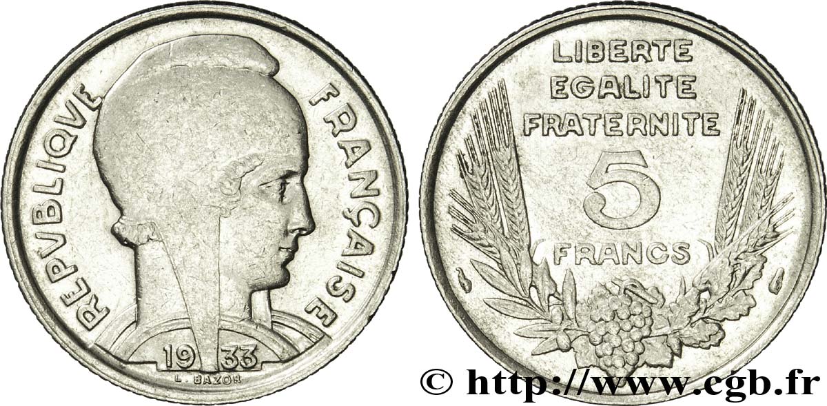 5 francs Bazor 1933  F.335/2 XF45 