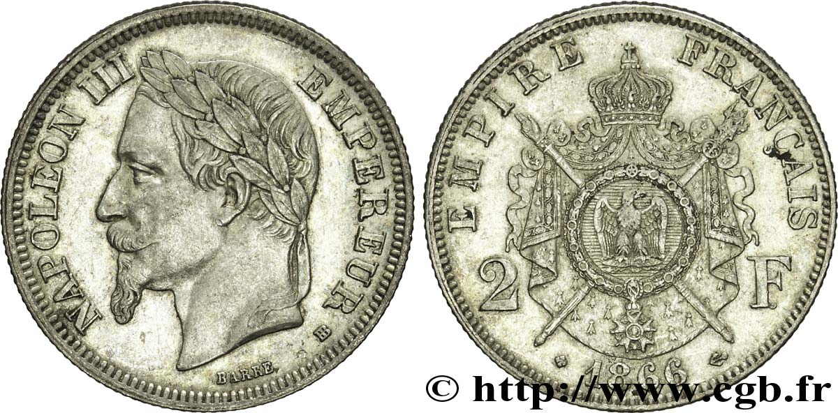 2 francs Napoléon III, tête laurée 1866 Strasbourg F.263/3 SUP55 