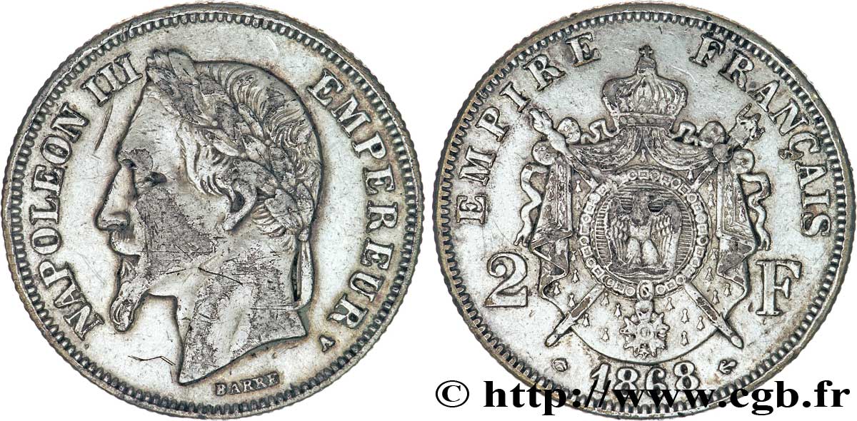 Faux de 2 francs Napoléon III, tête laurée 1868 Paris F.263/8 var. MBC45 