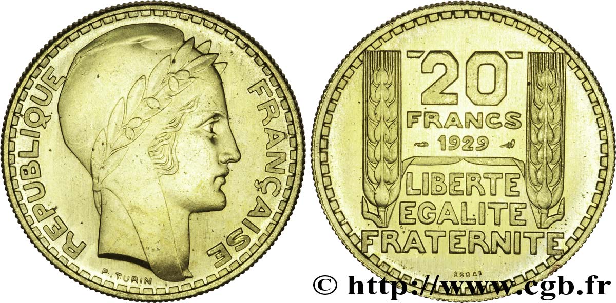 Essai de 20 francs Turin en bronze-aluminium 1929 Paris VG.5242  MS64 
