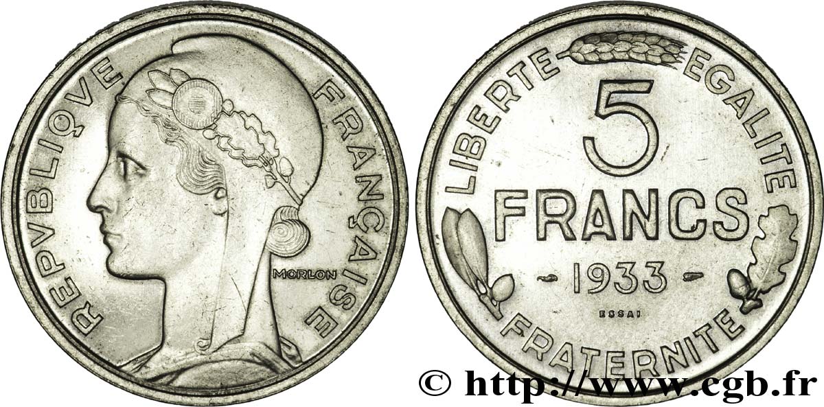 Concours de 5 francs, essai de Morlon en nickel 1933 Paris VG.5359  AU58 