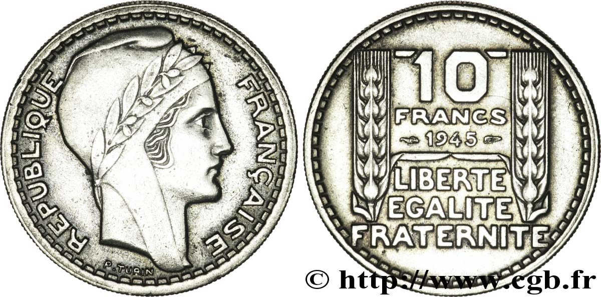 10 francs Turin, grosse tête, rameaux courts 1945  F.361A/1 SUP58 