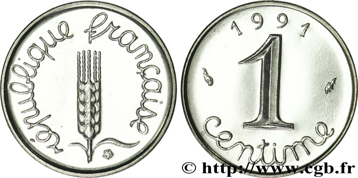 1 centime Épi, BU (Brillant Universel), frappe médaille 1991 Pessac F.106/49 MS64 