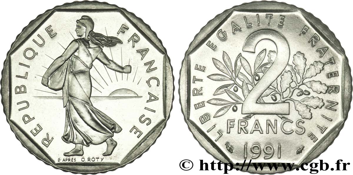 2 francs Semeuse, nickel, BU (Brillant Universel), frappe médaille 1991 Pessac F.272/16 FDC65 