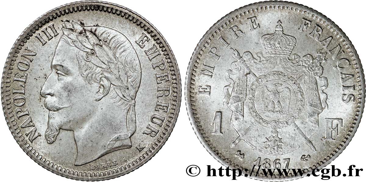 1 franc Napoléon III, tête laurée 1867 Bordeaux F.215/9 SC63 