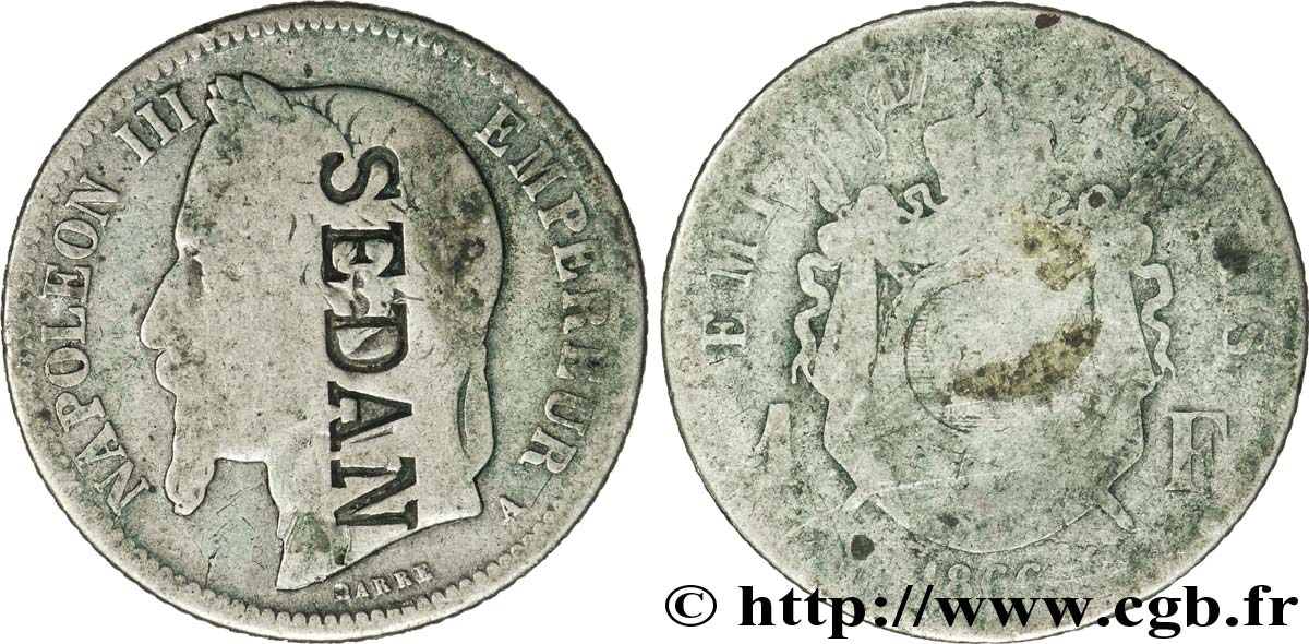 1 franc Napoléon III, tête laurée, contremarqué SEDAN 1866 Paris F.215/3 var. VG8 