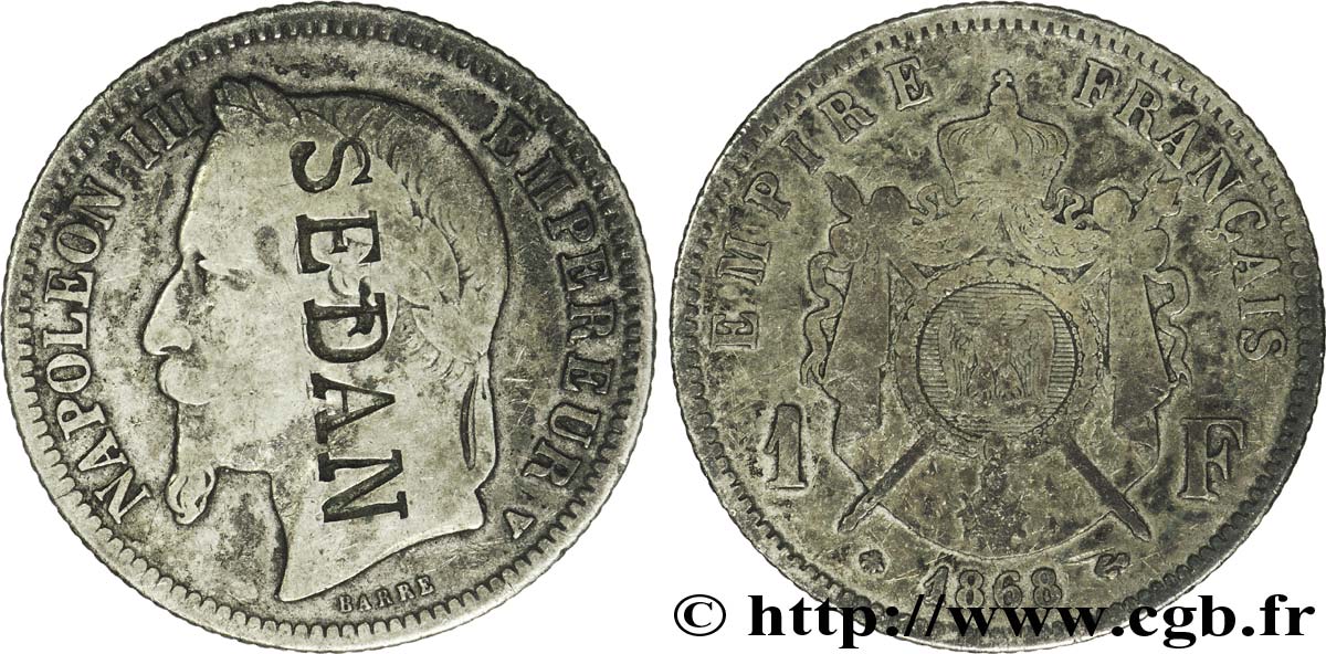 1 franc Napoléon III, tête laurée, contremarqué SEDAN 1868 Paris F.215/10 var. MB15 