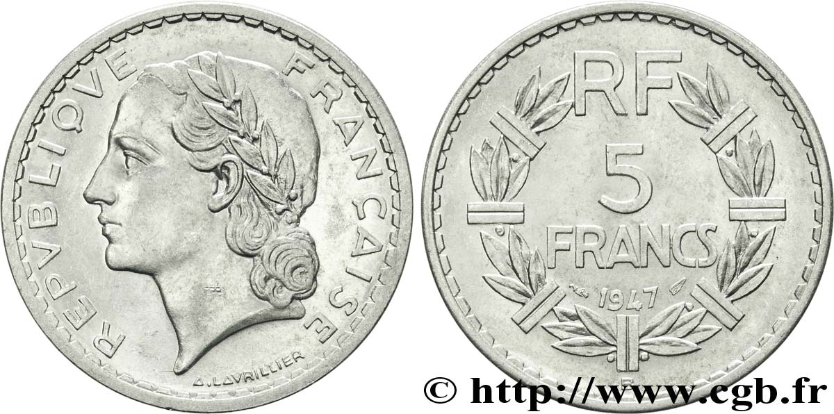 5 francs Lavrillier, aluminium 1947 Beaumont-Le-Roger F.339/12 VZ60 