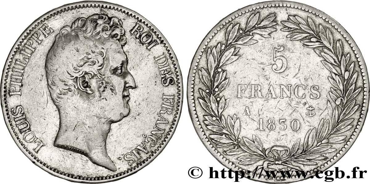 5 francs type Tiolier sans le I, tranche en relief 1830 Paris F.314/1 S23 