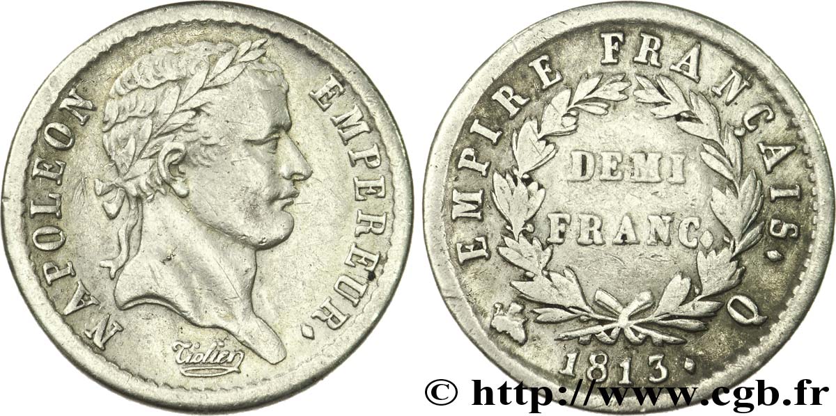 Demi-franc Napoléon Ier tête laurée, Empire français 1813 Perpignan F.178/59 MBC45 