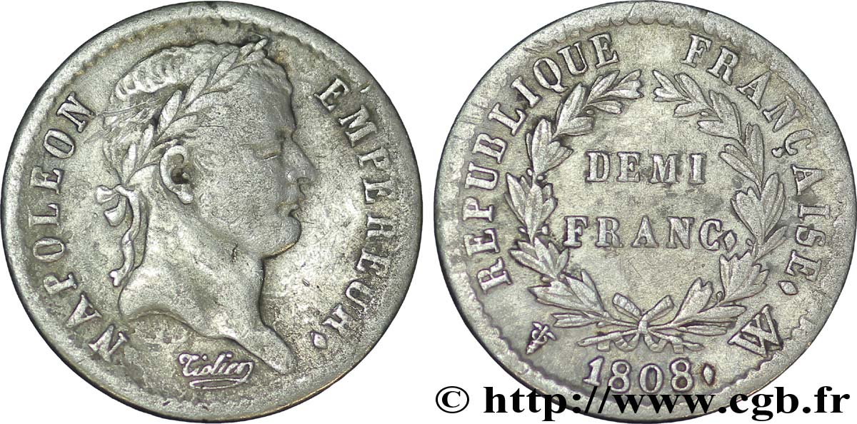 Demi-franc Napoléon Ier tête laurée, République française, buste fin 1808 Lille F.177/16 MB30 