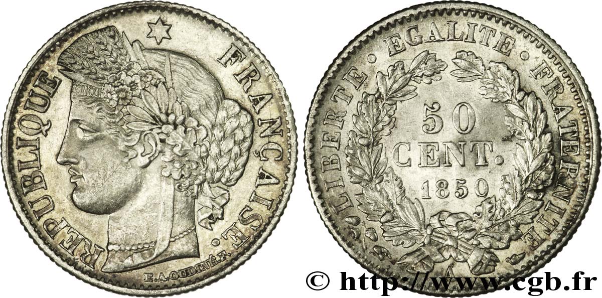50 centimes Cérès, IIe République 1850 Paris F.184/2 SUP56 